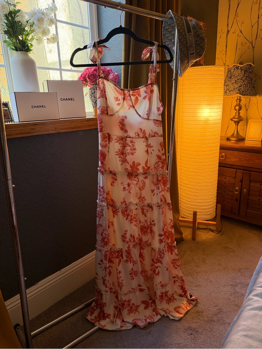 Trendy boutique White and Coral Floral Midi Dress